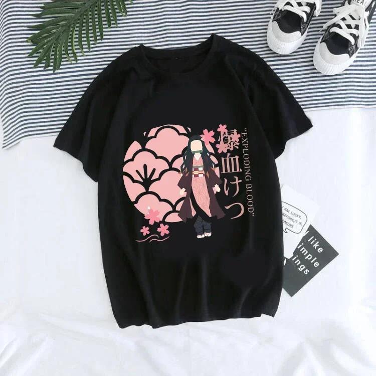 Women T-shirt Kaus Grafis Anime Demon Slayer Uniseks Tanjirou Kamado Kaus Wanita Kimetsu No Yaiba Nezuko Kaus Wanita