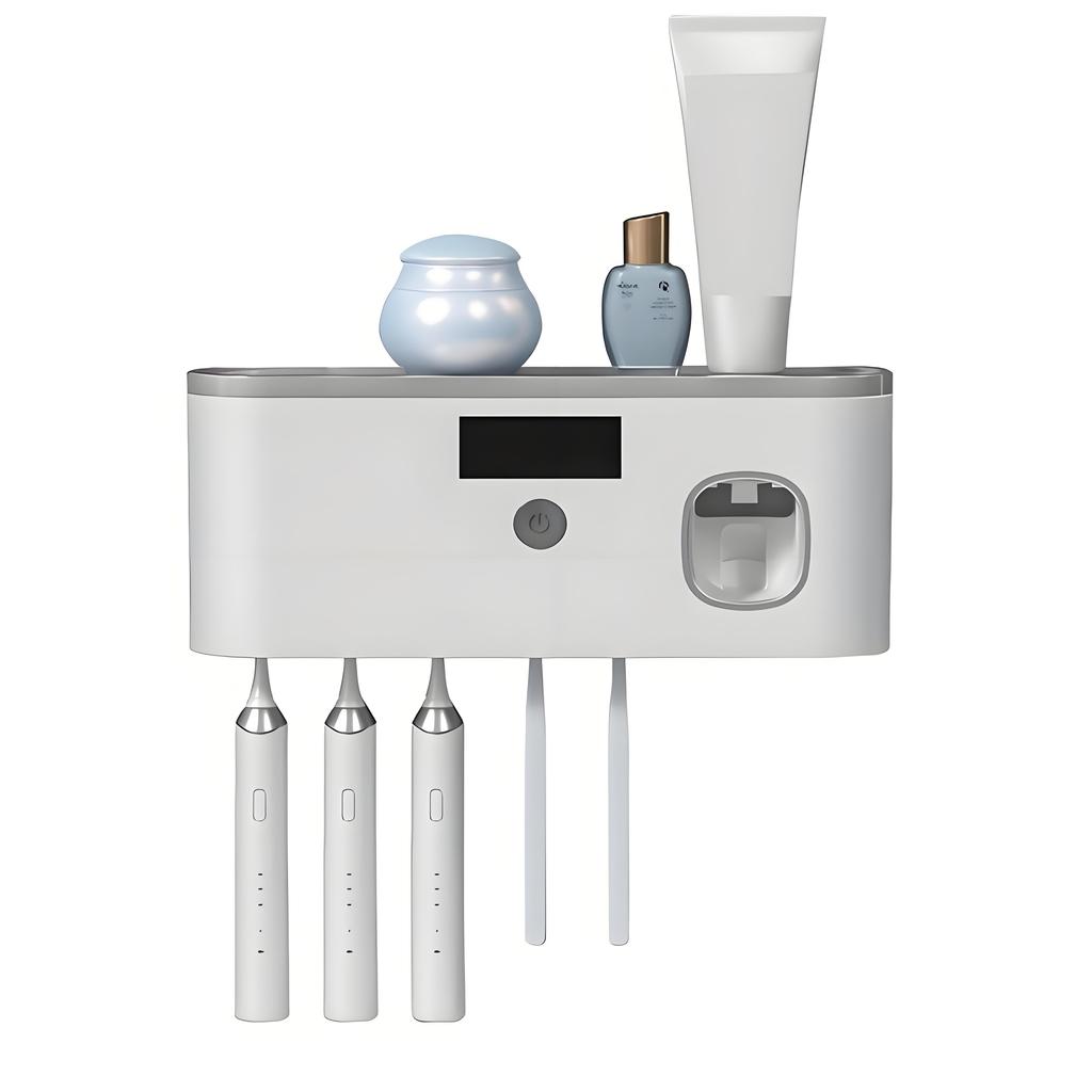 Smart Toothpaste Dispenser Set - Wall-Mounted Organizer with Cup & Brush Holder BPA-Free ABS (Kids-Friendly Adhesive Mount)