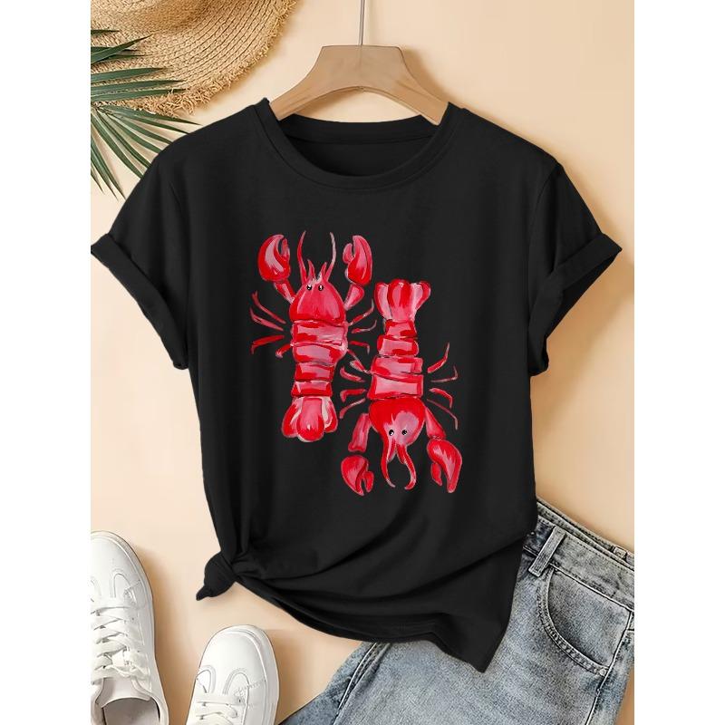 Spring/Summer New Women'S Round Neck Hand-Painted Lobster Print Short Sleeve T-Shirt, Vintage Distressed Style Casual Top,