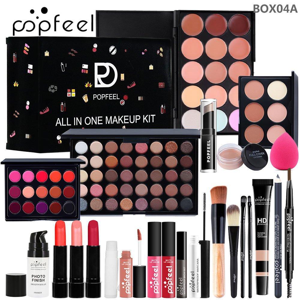 Popfeel Alles-in-één Make-up Set Professionele Volledige Gezicht Cosmetische Set Oogschaduw Palet Lippenstift Foundation Make-up Kwasten Cadeaubox voor Vrouwen