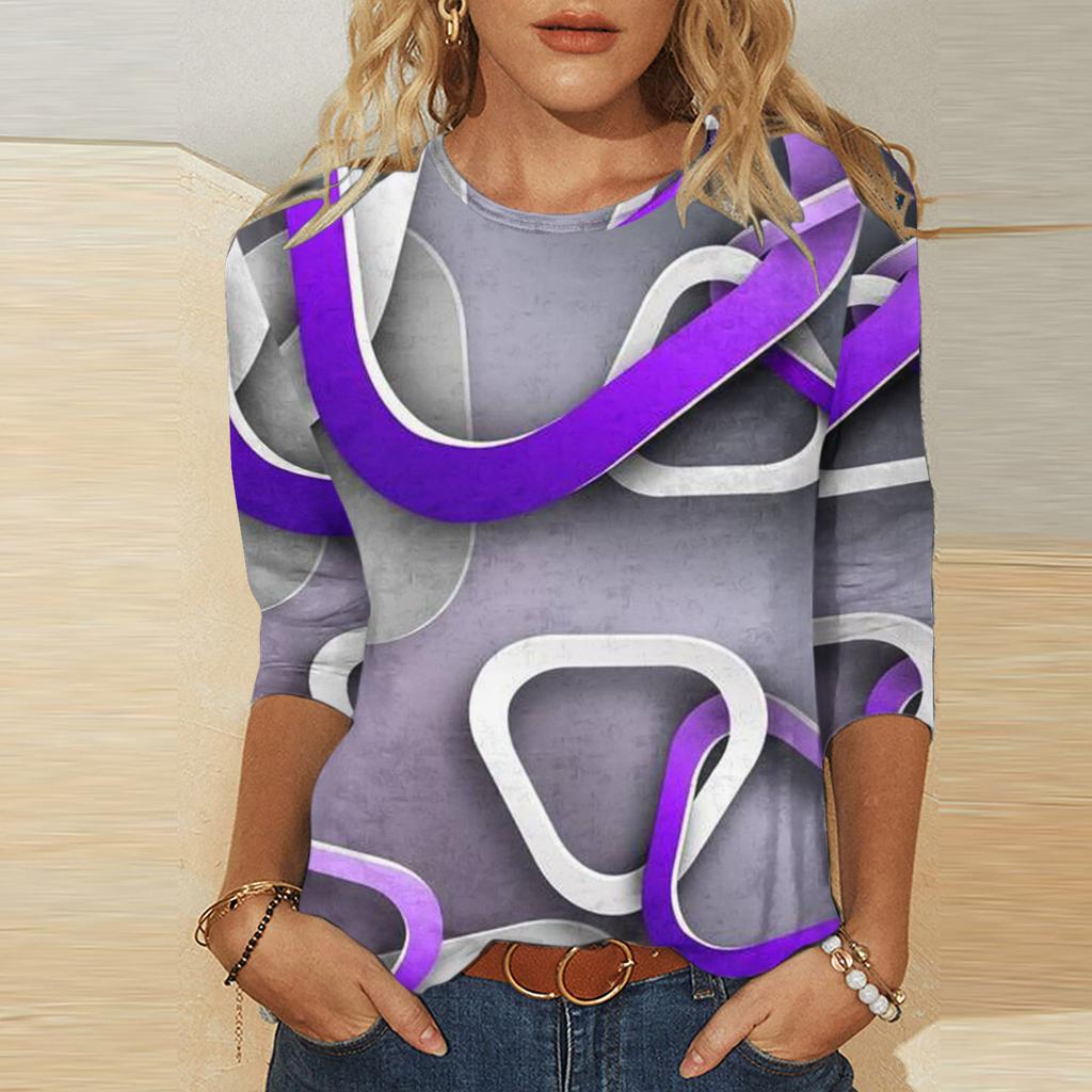 Umělecký geometrický vzor potištěný top Módní kontrastní barva Personalizovaný kulatý výstřih Dámská trička s dlouhým rukávem