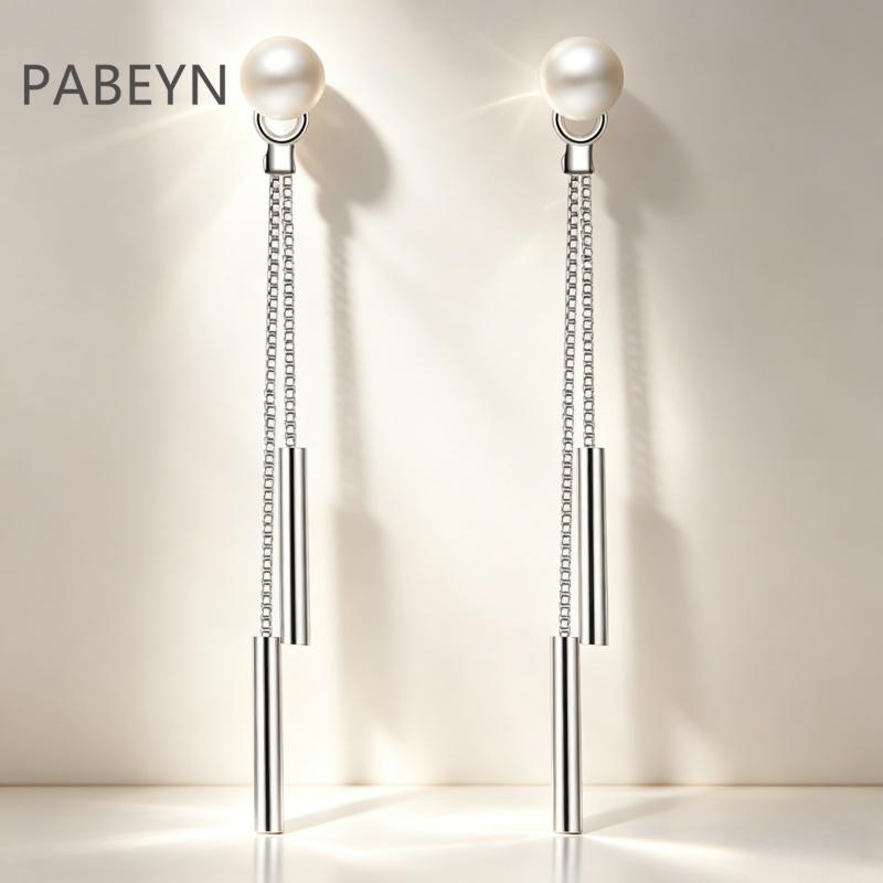 925 Sterling Silver Stylish Simple Double Line Tassel Column Pearl Earrings Birthday Party Anniversary Gift