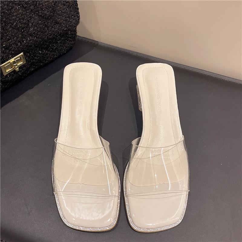 Slope heel cool slippers women's summer 2025 new fashion transparent wedge heel crystal shoes fashion thick heel outer slippers
