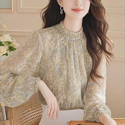 Women's Autumn Floral Chiffon Blouse - 2025 Style Silk Top with Half-High Collar