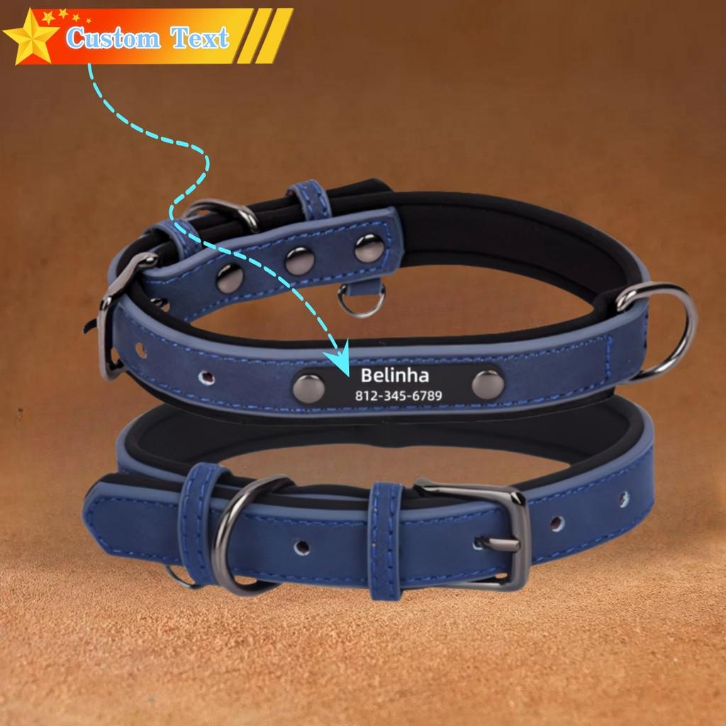 Customized ID Nameplate Dog Collar PU Leather Soft Padded Dog Collars Free Engraving Name for Small Medium Large Dogs Adjustable