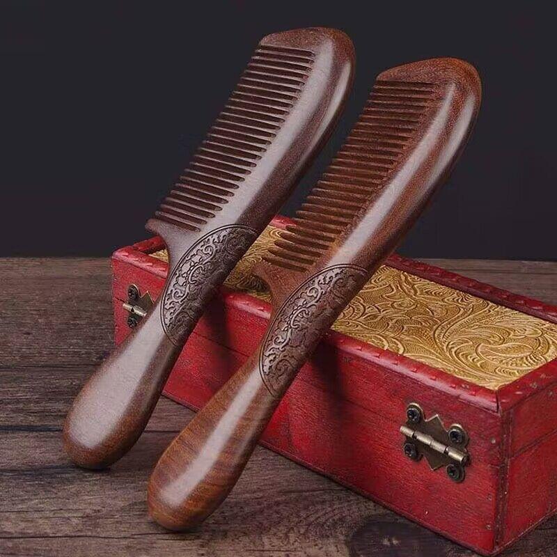 Black Gold Sandalwood Double-Sided Fine Tooth Hair Comb - Carved Moon Design, Ideal As a Holiday Gift