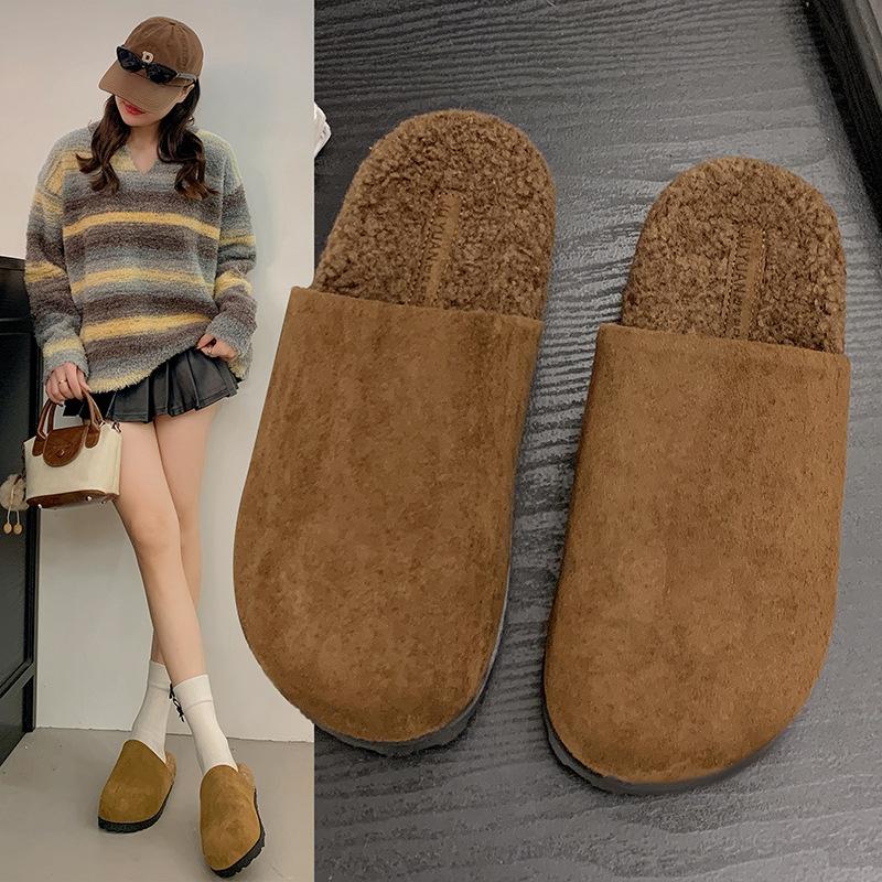 

Ретро сумка голова полутапочки женские уличные 2025 осень и зима новый бархат один педаль ленивые биркенкоттон шлепанцы 40 кофейный