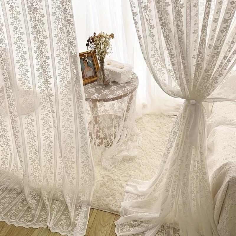 1 Panel,Rod Pocket White Flower Lace Tulle Curtain for Window Sliding Door Kitchen Light Translucent Living Room Sheer Romantic Home Decoration