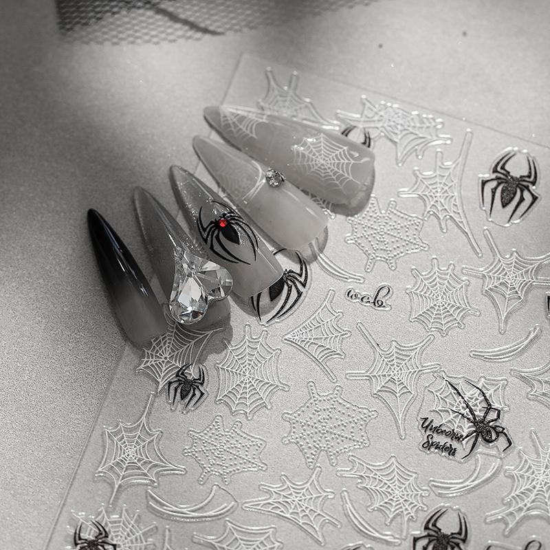 5D Relief Halloween Spider Nails Sticker Black Spiders Cobweb Embossed Diy Manicure Decals