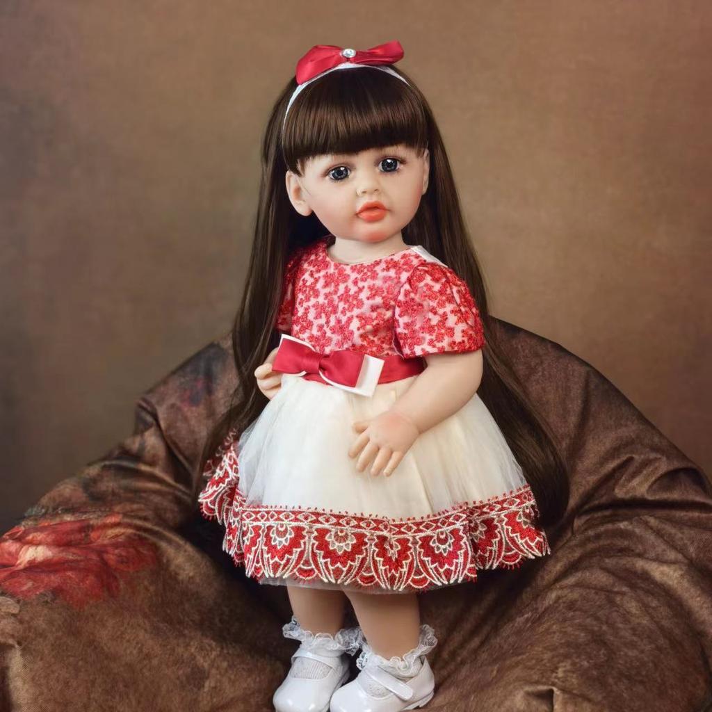 Lifelike Reborn Baby Dolls 22 Inch Realistic Newborn Girl Doll with Brown Long Hair Best Birthday Set for Girls Birthday XAMS Easter Gift