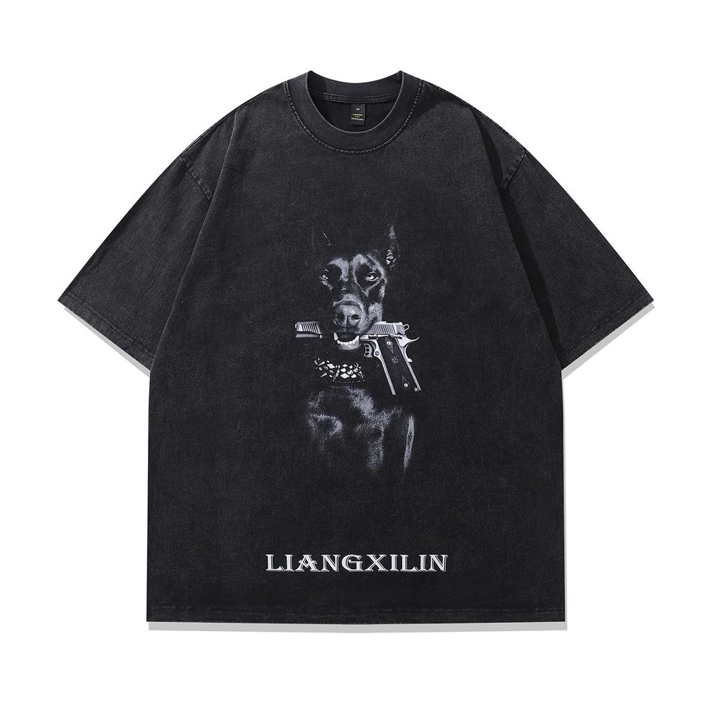American High Street Doberman Gangster Printed Washed Old Short Sleeve T-Shirt Men'S And Women'S Vintage Vintage Half Sleeve