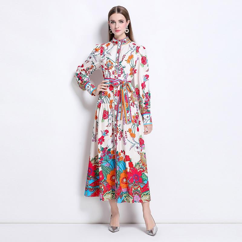 Spring Autumn Women Plus Size Print Designer Runway Dress Oversized Loose Single Breasted Long Maxi Lace-up Holiday Beach Dress