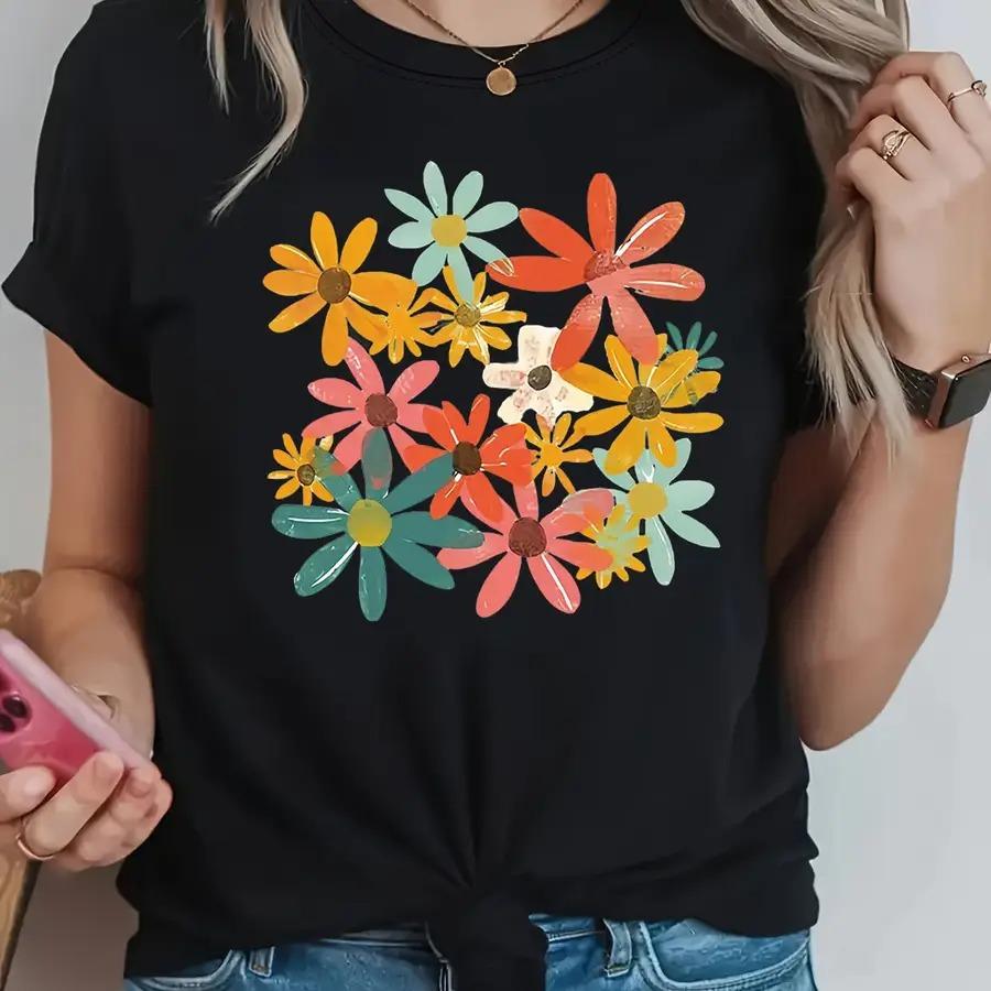 Daisy Patch Graphic Print TShirt Short Sleeve Crew Neck Casual Top For Summer And Spring Unisexs Clothing