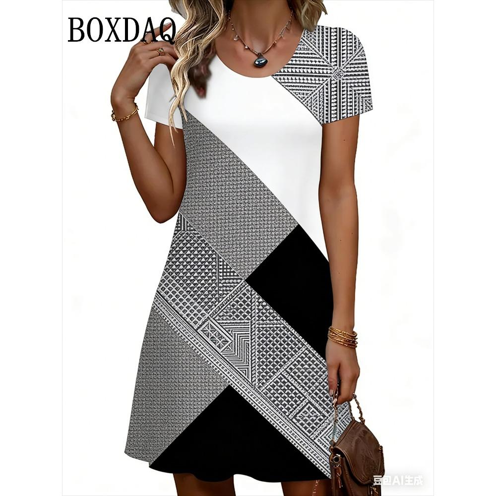 New 2026 Women Dresses Summer Fashion Striped 3D Print Clothing Casual O-Neck Short Sleeved Women s Clothing Loose Dress S