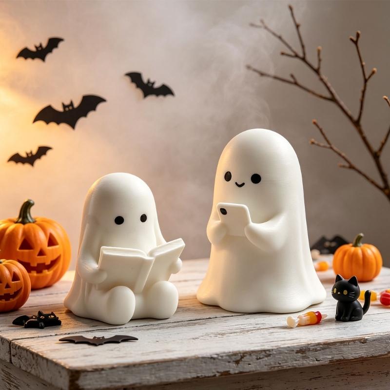 Cute Desk Decors Miniature Ghostly Reading Book Figurine, 3D Printed Halloween Accent for Shelf, Tabletop, Coffee Corner, and Home