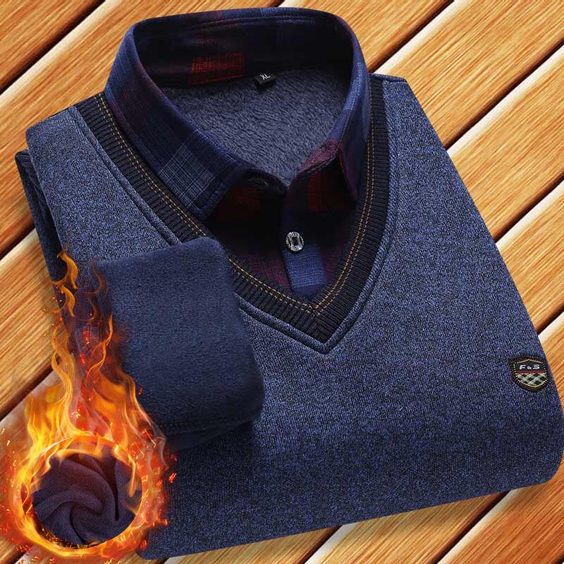Men's Autumn/Winter Knit Sweater with Fake Two-Piece Shirt Collar - Plus Velvet, Middle-Aged & Young Styles.