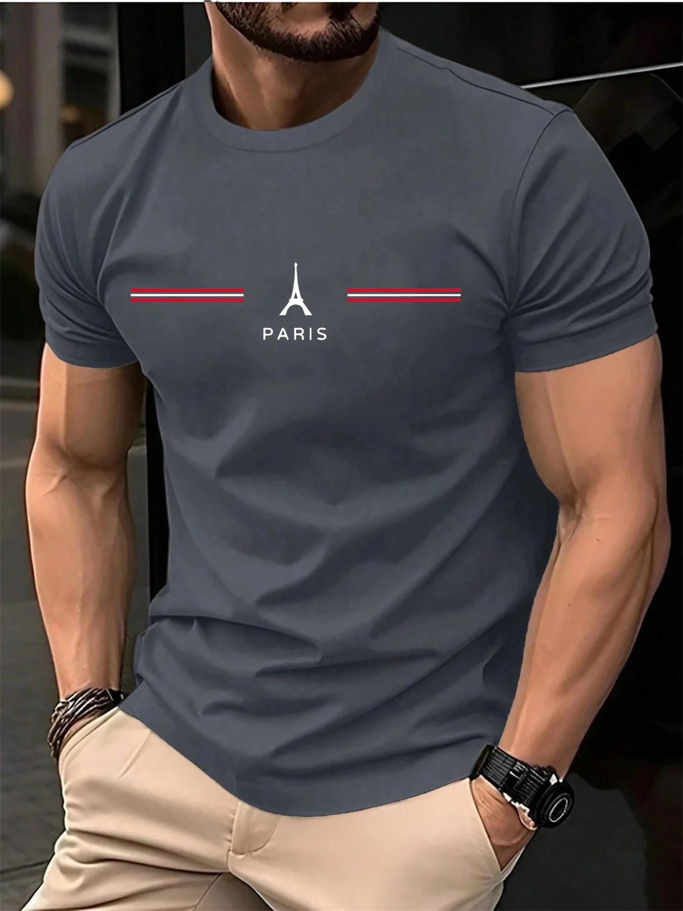 GUOYAN TOP Heren Katoen Zomer Los Oversized Casual Parijs Letterprint Sport Rond Hals Korte Mouw T-shirt Tops Tees M