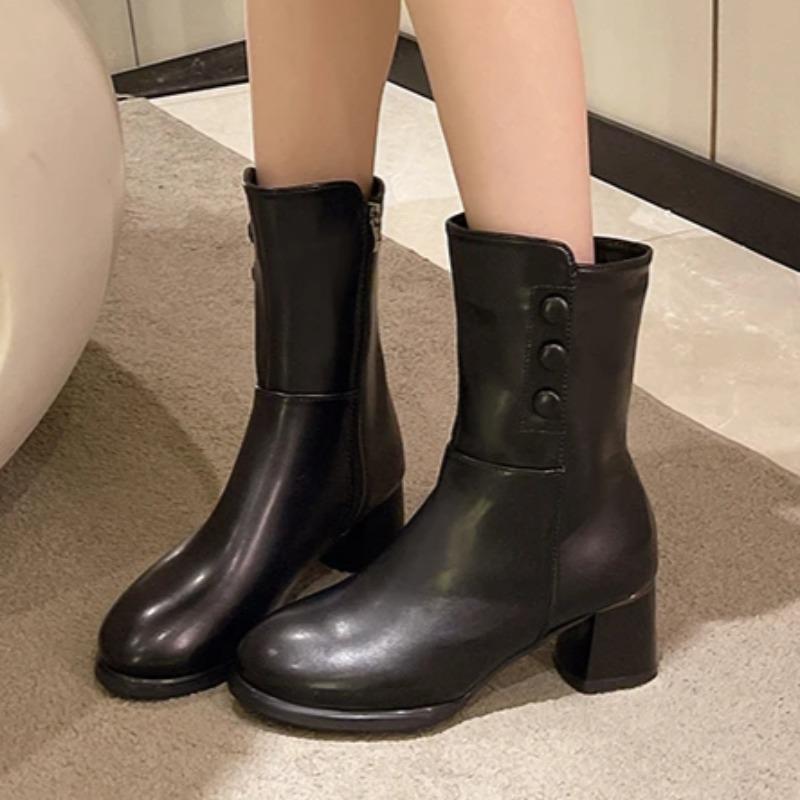 Fashion 2025 Fashion Mid-Calf Women's Boots Classics Modern Boots Women Buttons Round Toe Side Zip Med Heel New Plus Size Ladies Shoes