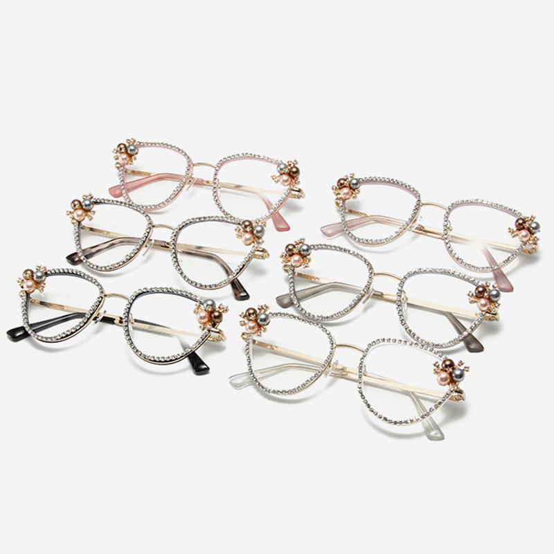 Vintage Sexy Ladies Cat Eye Anti Blue Light Optical Glasses Frames Women Luxury Brand Designer Diamond Pearl Clear Eyeglasses