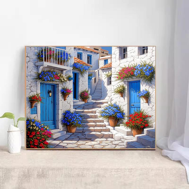 GATYZTORY Painting By Numbers DIY Frame Mediterranean Street Paint By Numbers Scenery Drawing On Canvas DIY Home Decoration