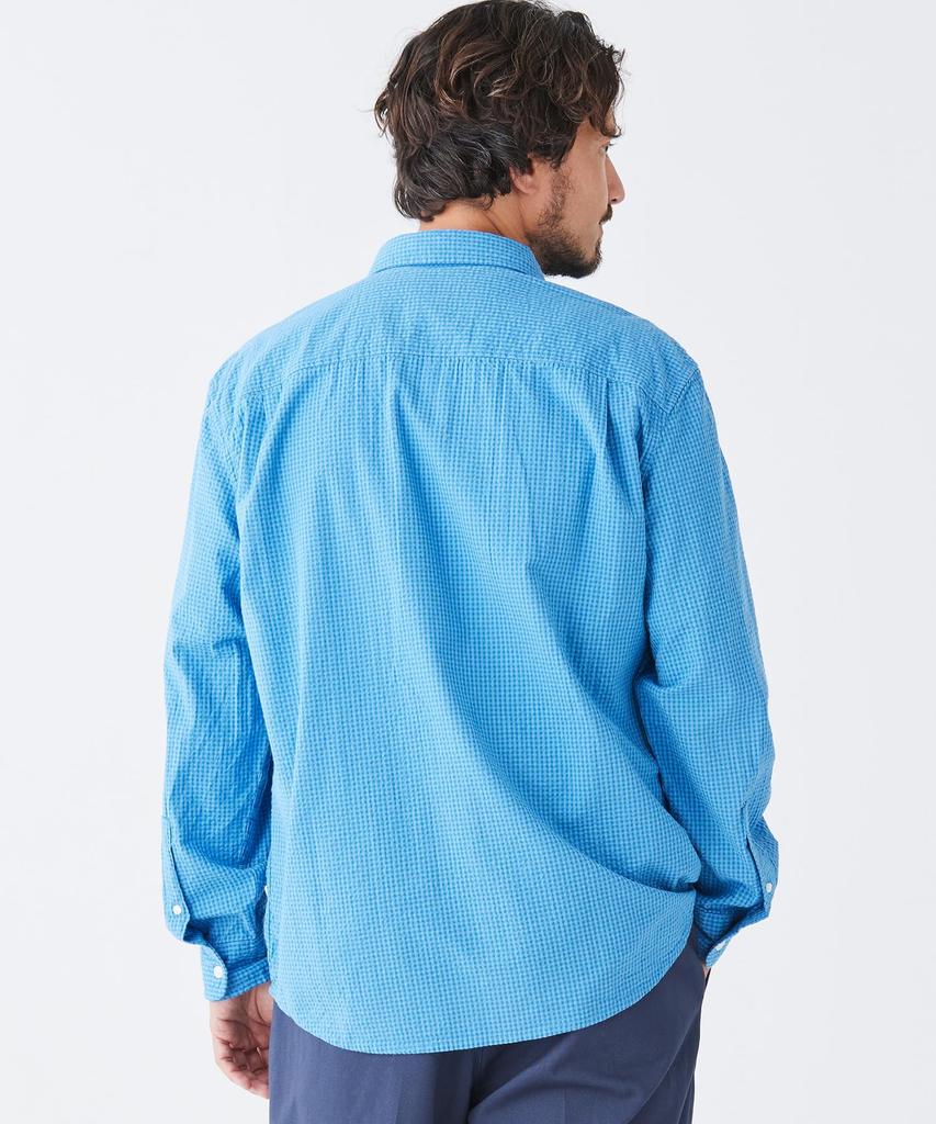 LL Bean Organic Cotton Seersucker Long Japan Pale 1000182635 Men's Shirt, Sleeve, Plaid, Fit, XL, Turquoise, Blue,