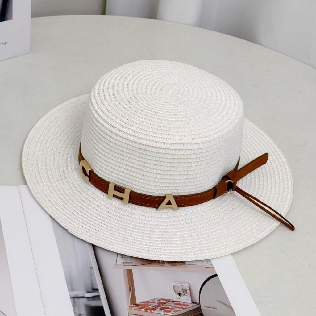 New straw hat women's summer vacation rhinestone letter CHA belt personalized flat top hat British style
