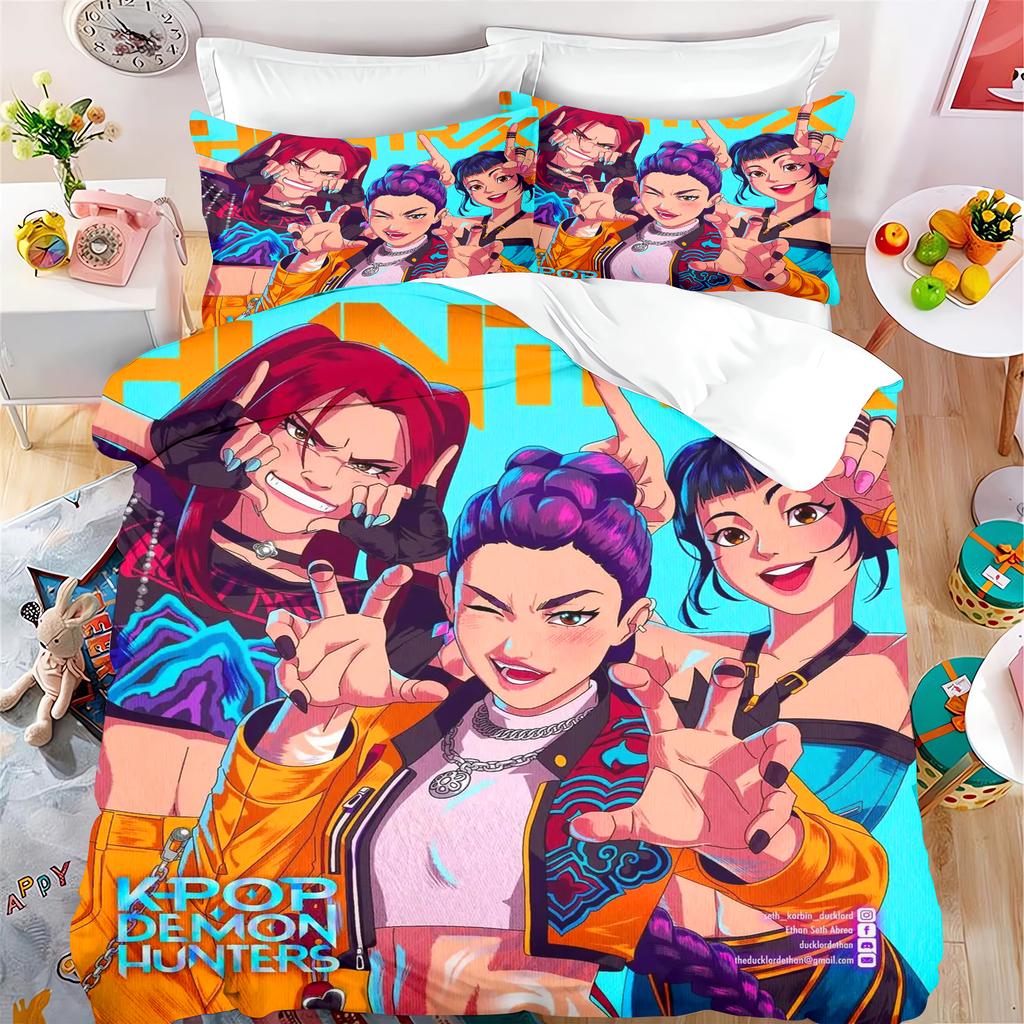 KPop Demon Hunters Anime 100% Polyester Bedding Set Duvet Cover Set Printed Cartoon Home Decor