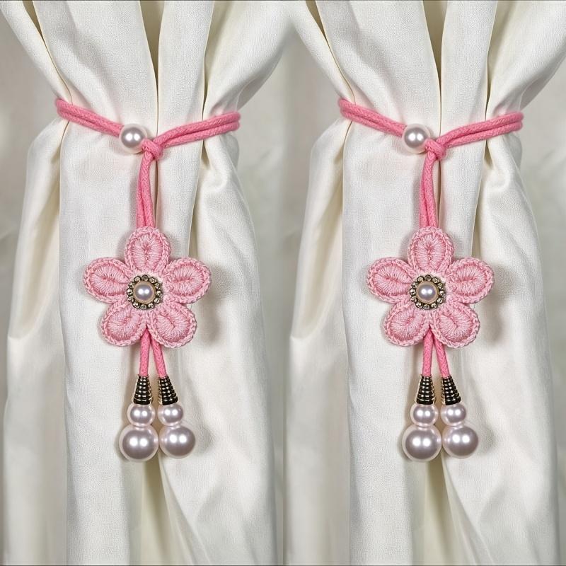 

2Pcs Fashion Pearl Color Adjustable Floral Decorative Curtain with Faux Pearl, Butterfly Strap and Elegant Decorative Rope розовый