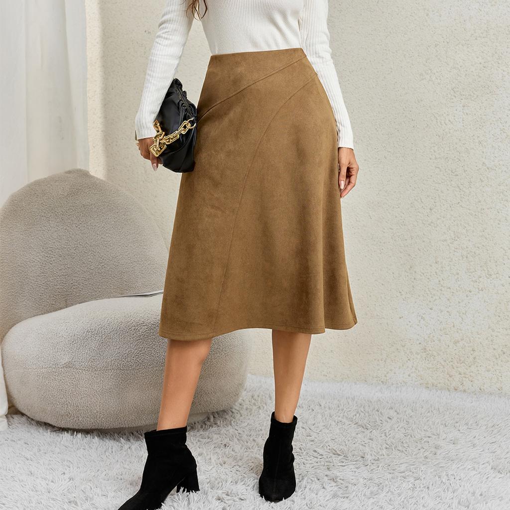Women's Patchwork A-Line Midi Skirt with High Waist Elastic Waistband and Zipper