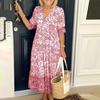 Floral Print Bohemian Maxi Dress Sexy V Neck Beach Party Short Sleeve Flowy Women