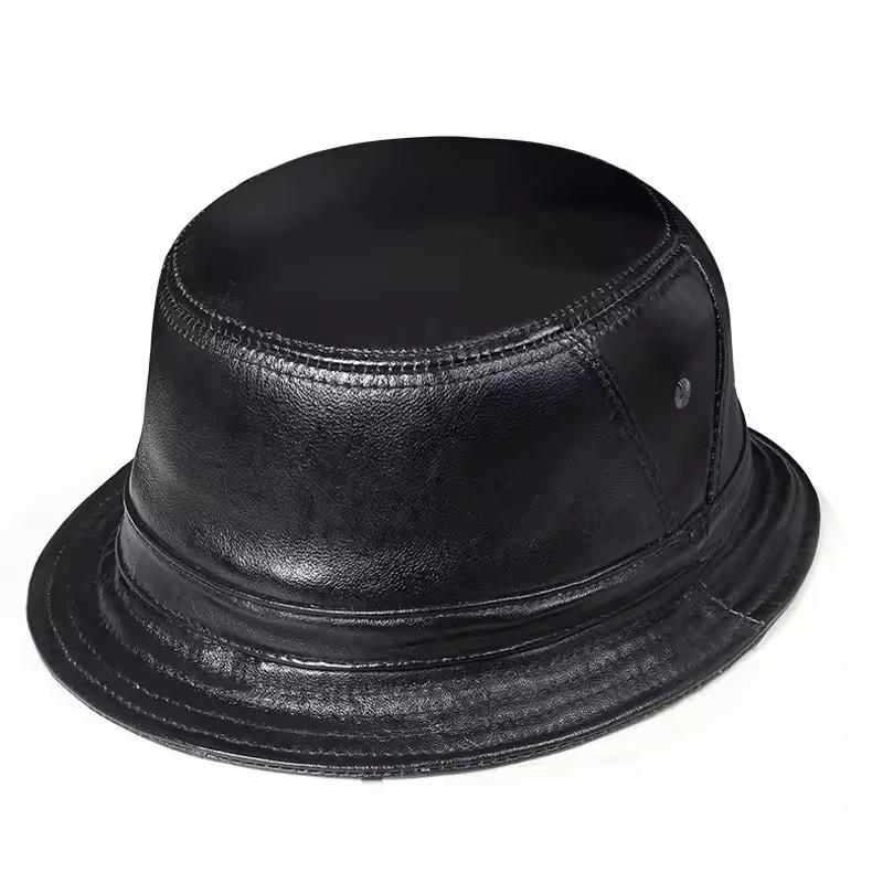 Herren Echte Leder Flache Eimerhut Kurzer Schirm Outdoor Kappe in Schwarz/Braun Hip Hop Stil Geeignet für Literatur Angeln Aktivitäten