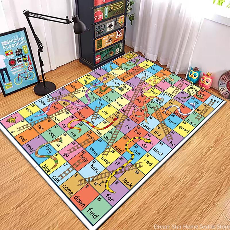 Children’s Snakes and Ladders Game Playmat Rug Carpet for Bedroom Living Playroom Fun Learning Floor Kids anti slip Mat Door