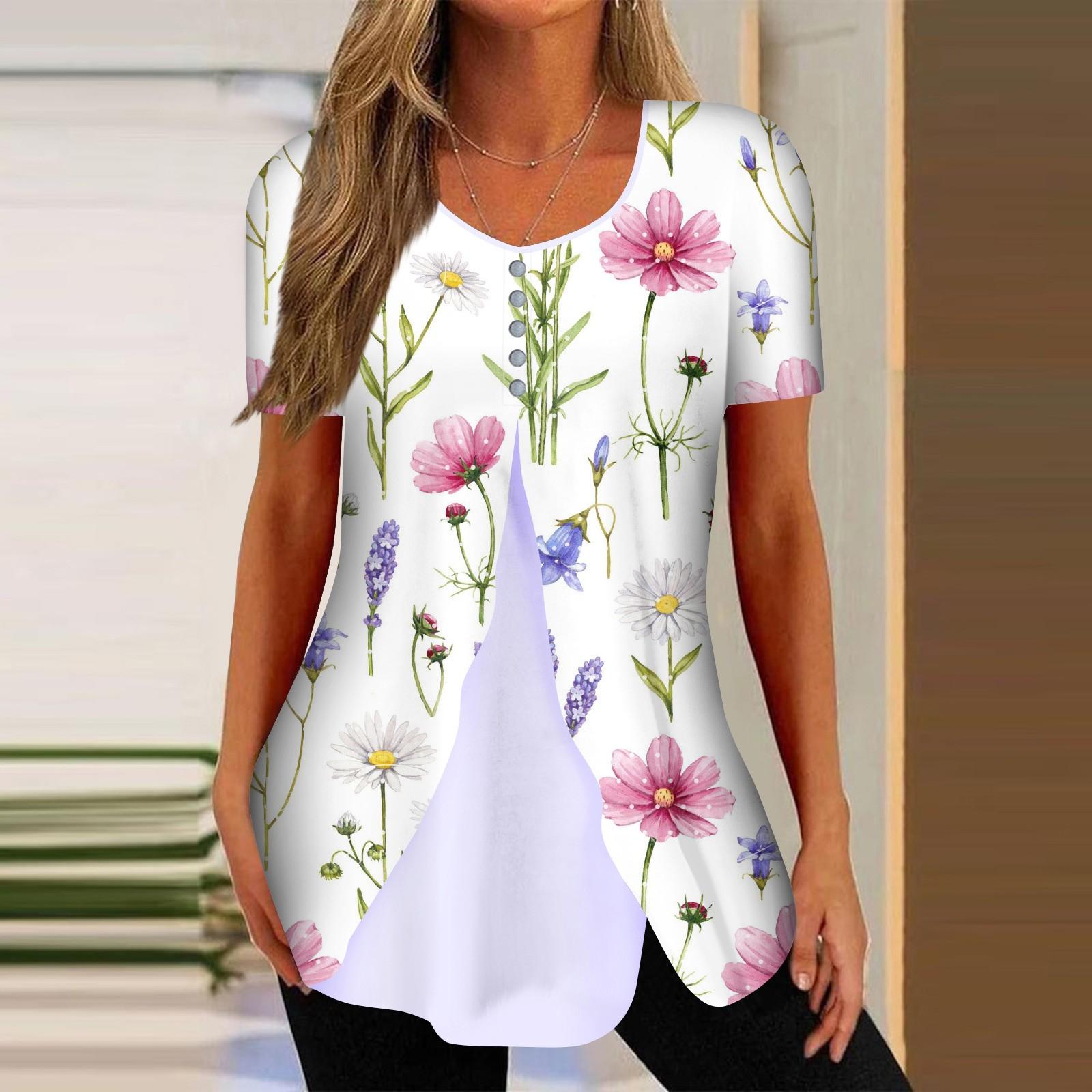 

Shirts For Women Short Sleeve Tops Dressy Summer Casual Printed V-neck Irregular Hem Blouses Tees XL
