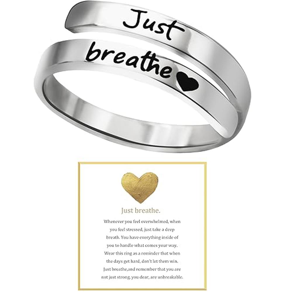Adjustable Just Breathe Heart Ring for Women Men, Stainless Steel Spiral Wrap Healing Rings, Inspirational Heart felt Gifts adjustable