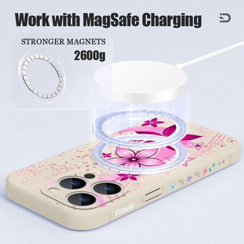 Pink Cartoon Flower Case For iPhone 17 Pro Max iPhone 16 15 14 13 Pro Max Magnetic For Magsafe Soft Silicone Phone Back Cover