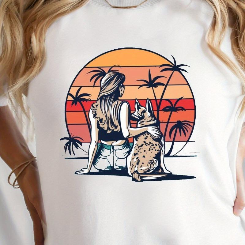 

Graphic Print Crew Neck T-shirt, Casual Short Sleeve Top For Spring & Summer, Women s Clothing S белый