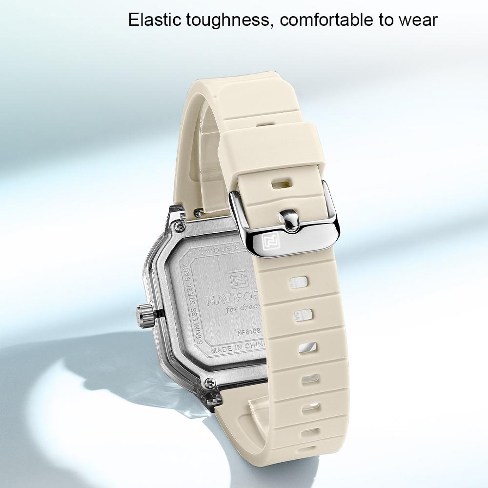 NAVIFORCE Original Women Square Watch Quartz Luminous Pointer Simple Lightweight Silicone Strap Waterproof Women Lady Casual Fashion Watch NF6108