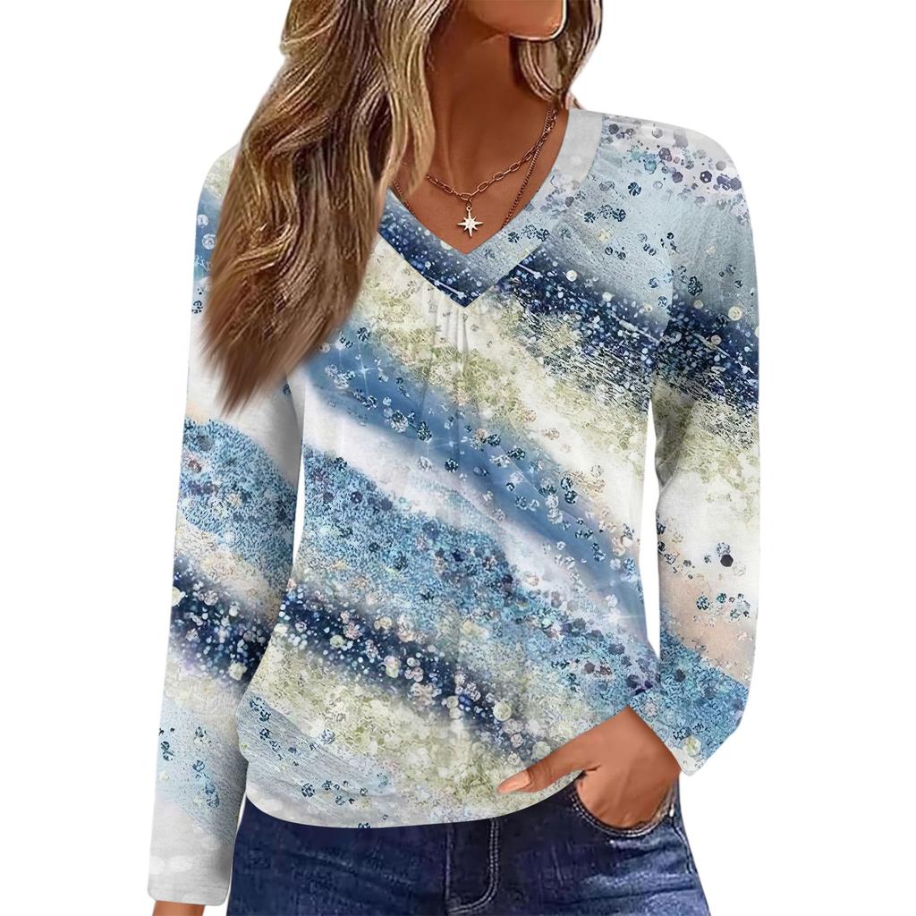 Women's Casual Fashion V-Neck Raglan Pleated Floral Print Long Sleeve Top