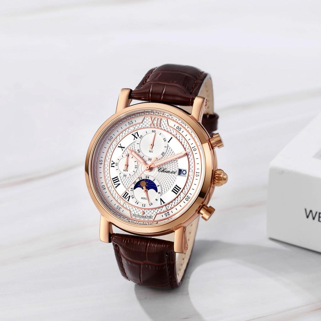 Leather Water Quartz Large Calendar White Black Silver Fashionable Gift for Birthday Men's Wristwatch, Strap, Three-Eye Design, Resistant, Luminous,