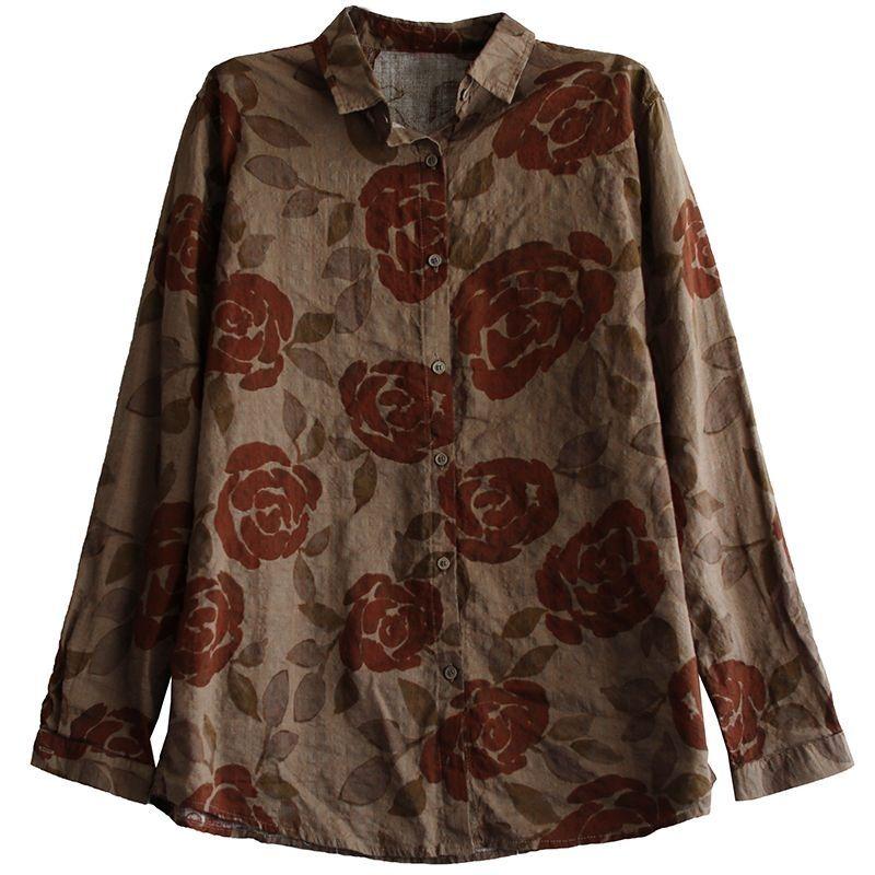 Vintage Printing Graphic Blouses Loose Straight Neutral Casual Turn-down Collar Button Autumn Winter Thin Women's Clothing 2022