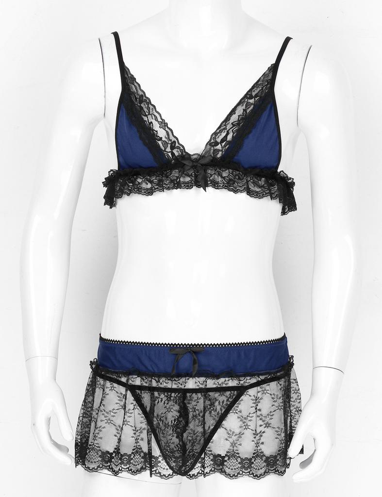 Pánské květinové krajkové crossdress spodní prádlo bez drátěná podprsenka top s tanga sukně pyžamo oblečení na spaní