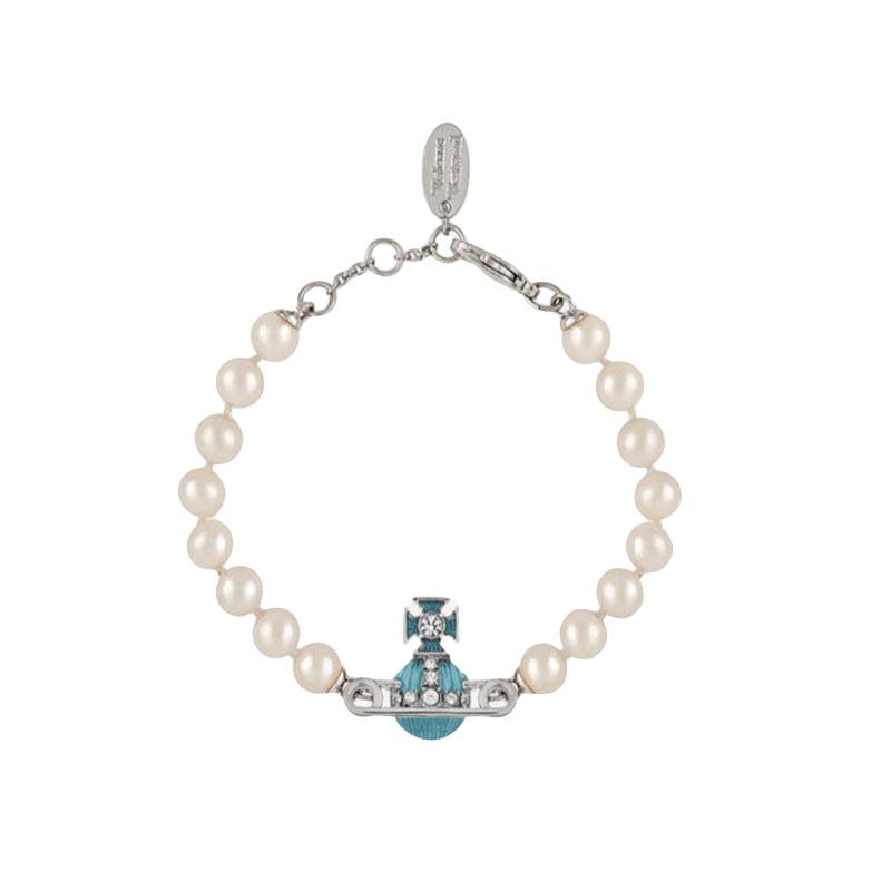 

High-end Vivienne Pearl Brooch And Necklace Set Blue Diamond Necklace Geometric Design O-chain Style Bracelet Blue