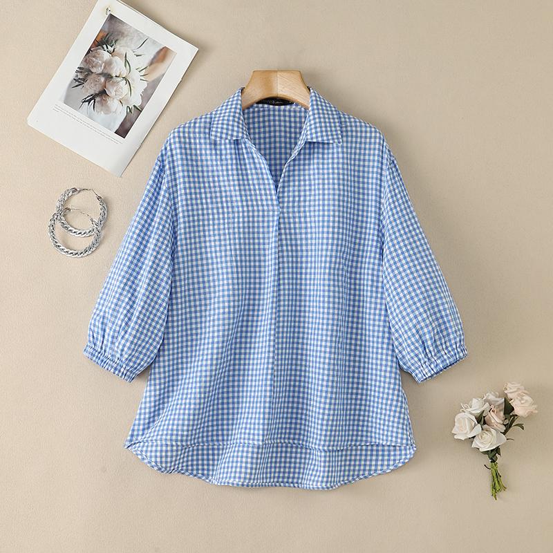 ZANZEA Women Casual Turn Down Collar Plaid Print Loose 3/4 Sleeve Blouse