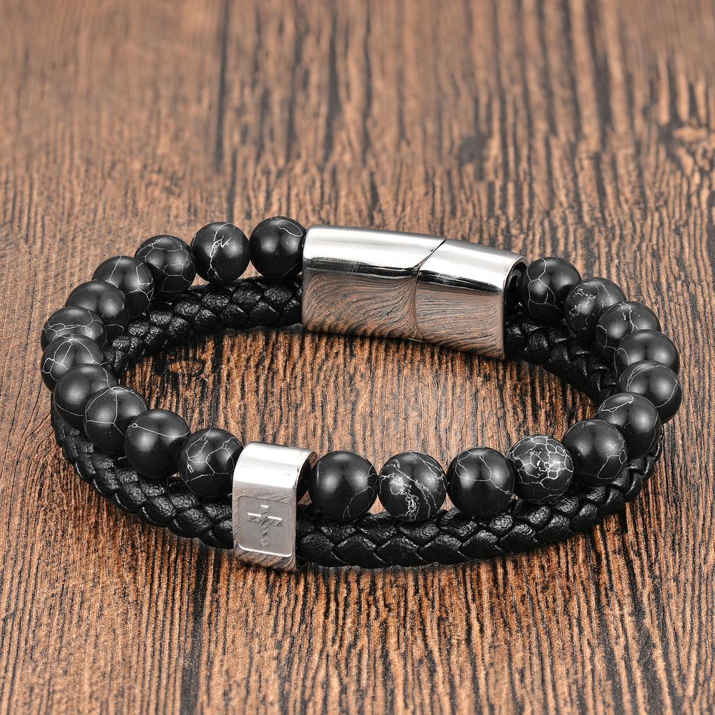 Leather Rope Cowhide Men's Cross Leather Woven Bracelet Natural Stone Multi-layer Leather Bracelet