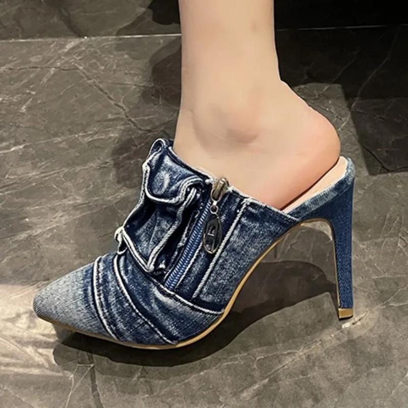2024women's Summer New Style Sexy Pointed Toe Personalized Zipper Women's Slippers Outdoor Casual Party Dress Women's High Heels