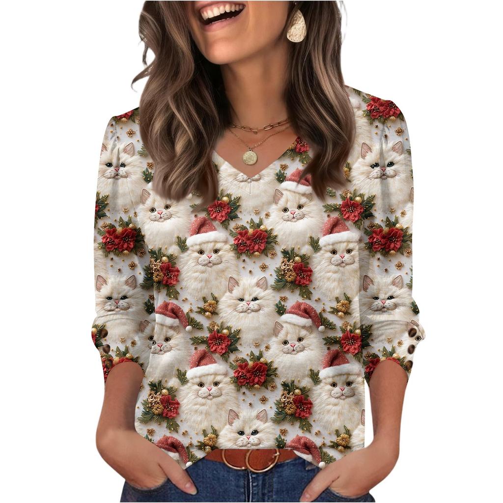 Women's Fashionable Casual Christmas Printed V-neck Top