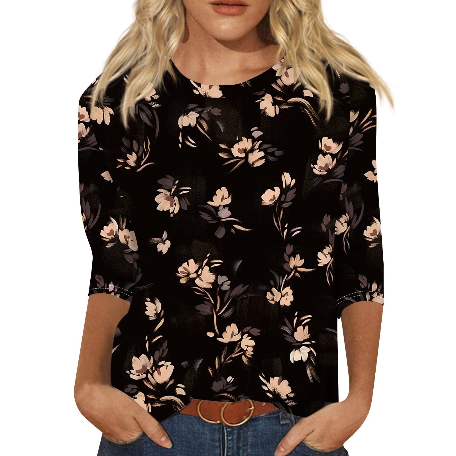

Женская мода повседневная футболка с круглым вырезом и рукавом 3/4 с цветочным принтом, модные топы для женщин 2024 года, женские летние топы 7XL