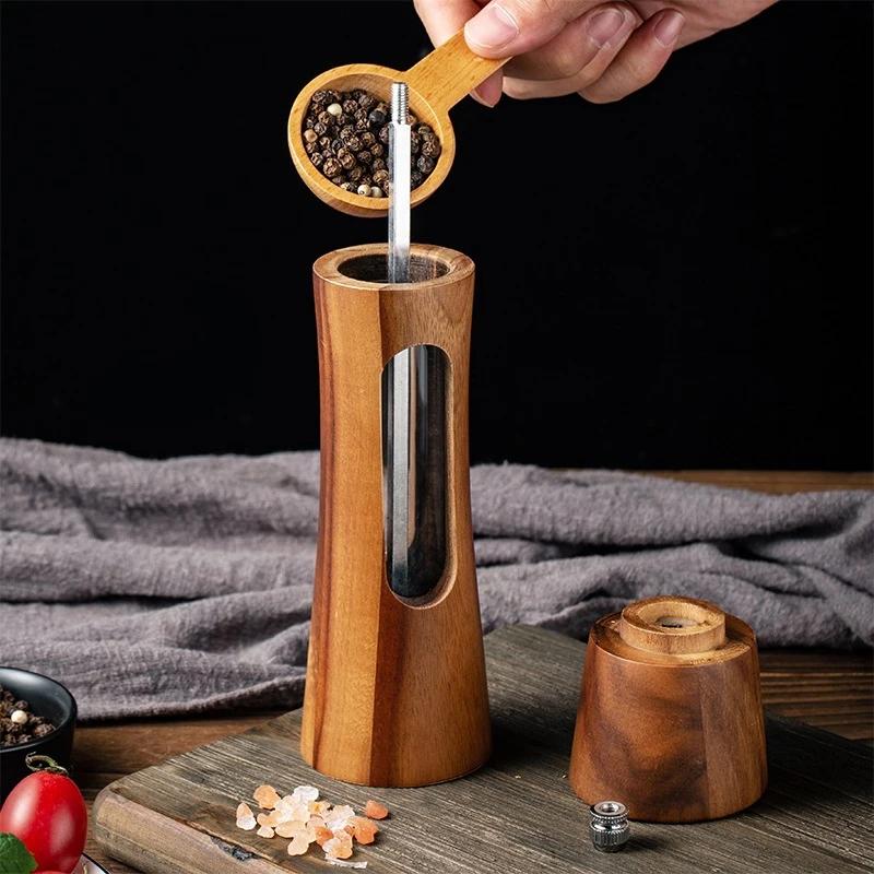 Salt and Pepper Grinder Set 8 Inch Wooden Mills with Storage Base Adjustable Ceramic Steel Core Spice Shakers Manual Grinder