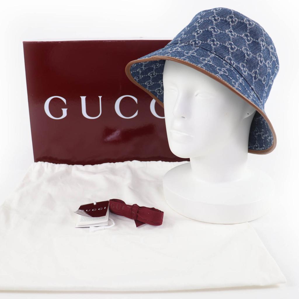 Pristine GUCCI hat GG Jacquard Lamb Leather Denim Bucket Hat Women L 816543 Used