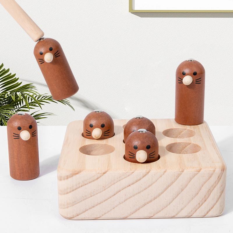 Wooden Magnetic Catch Mouse Kids Interactive Fishing Game Focus Training Educational Toy